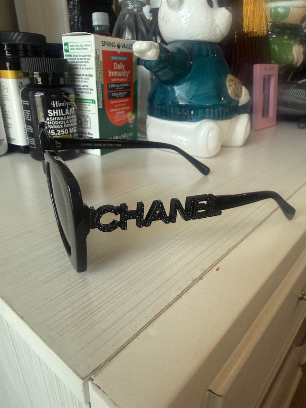 CHANEL Black Logo Temple Sunglasses